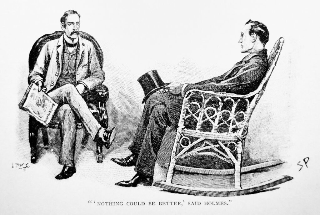 Sherlock Holmes in a chair with a hat in his lap, speaking to Dr. Watson, who is holding a newspaper.
